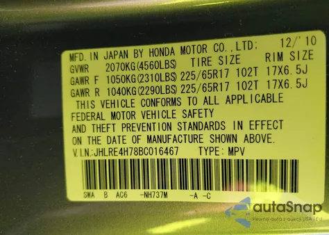2011 Honda Cr-V Ex-L from USA, damaged, VIN JHLRE4H78BC016467
